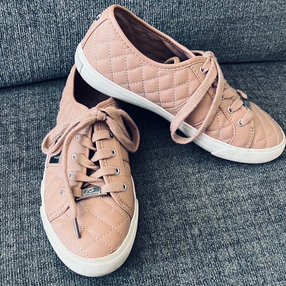 Pink G By Guess Quilted Faux Leather Lace Up Backer Sneakers w Silver Hardware